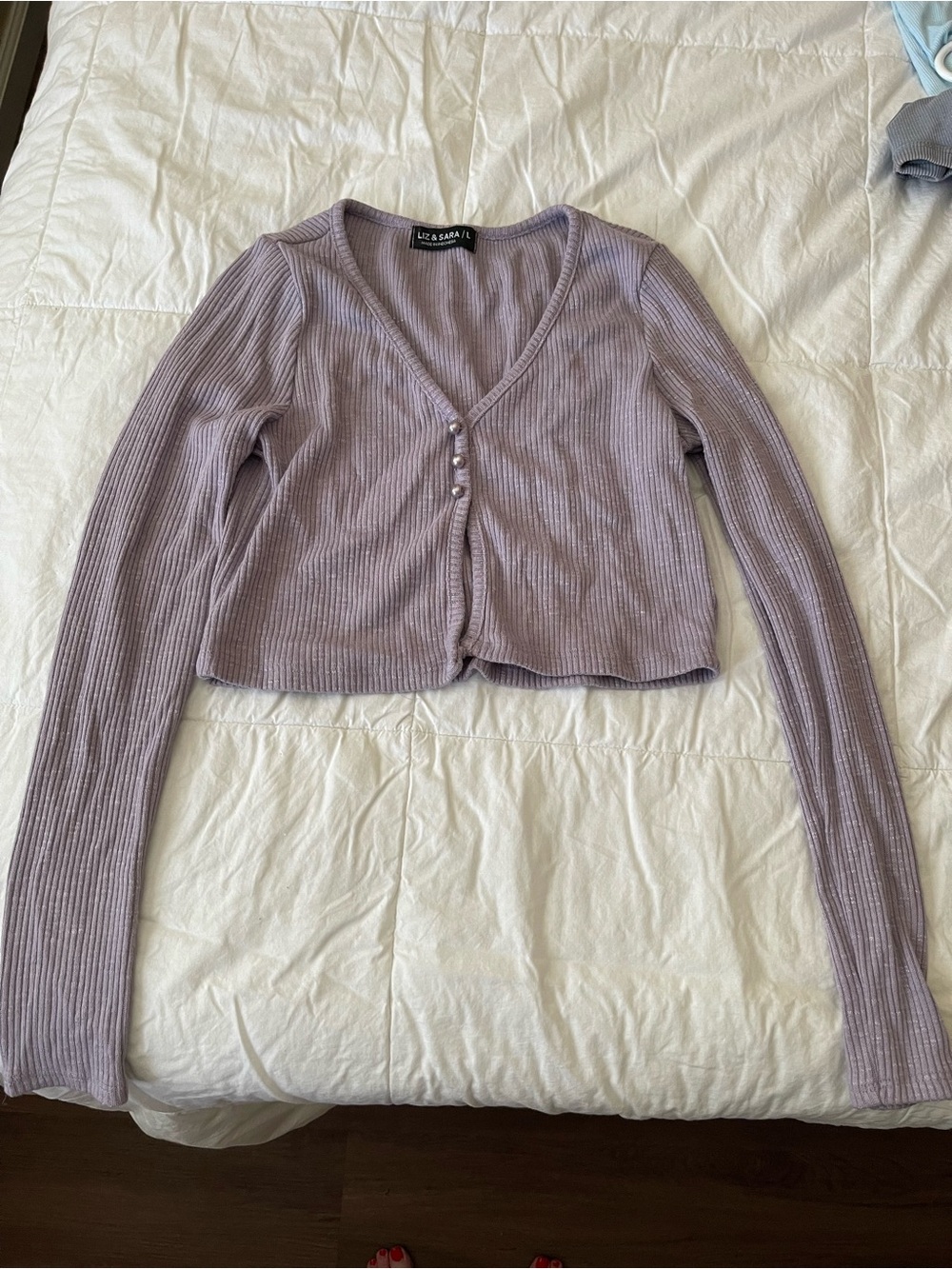 Lavender Ribbed Cropped Cardigan with Pearl Buttons